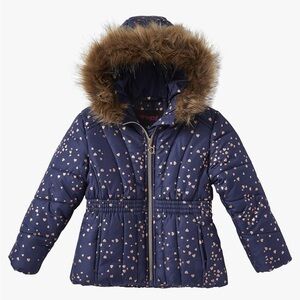 Rothschild Girls Navy Foil Print Heart Puffer Hood Zip Pockets Jacket Size 5/6